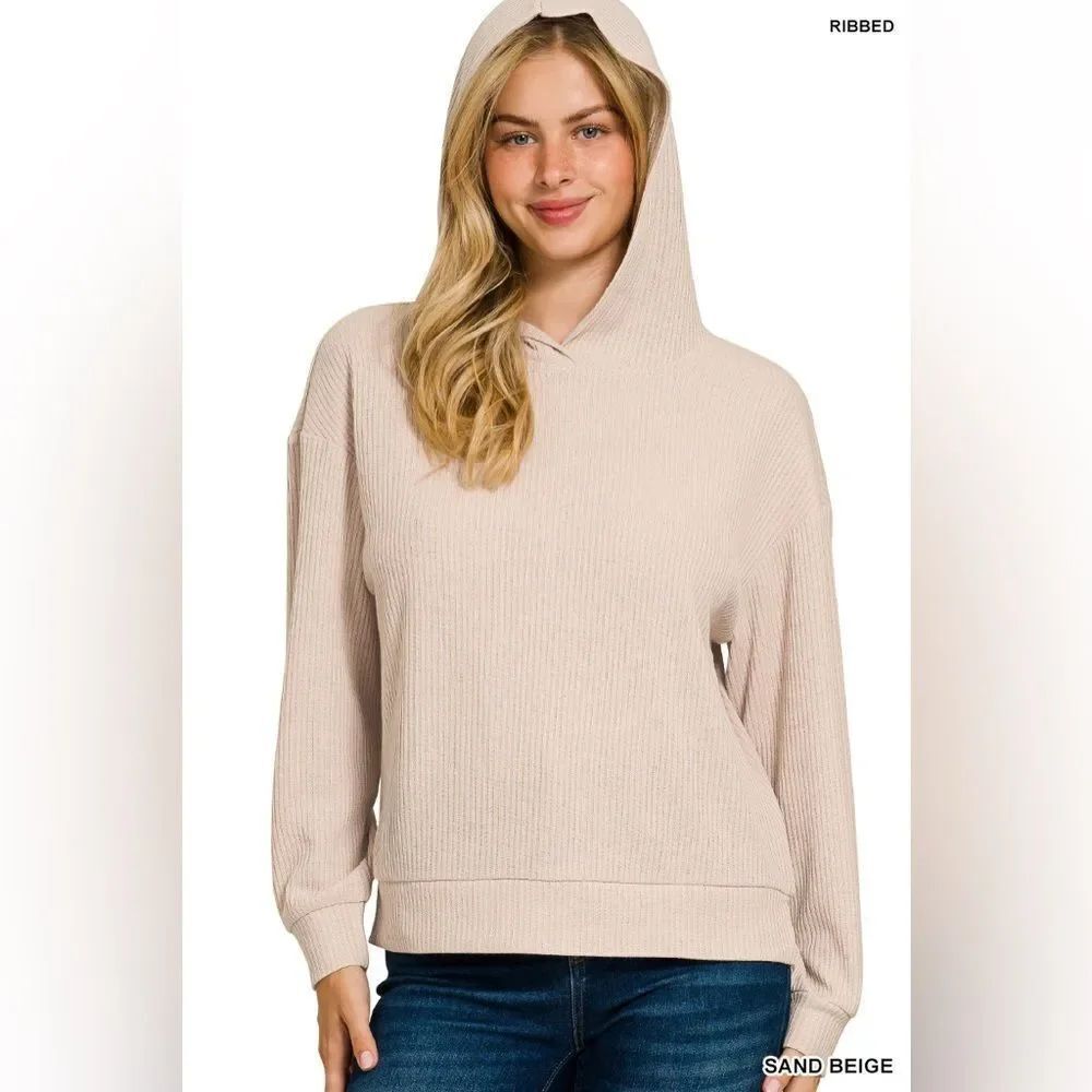 Zenana Outfitters Sand Beige Ribbed Hoodie style hrt-2651y